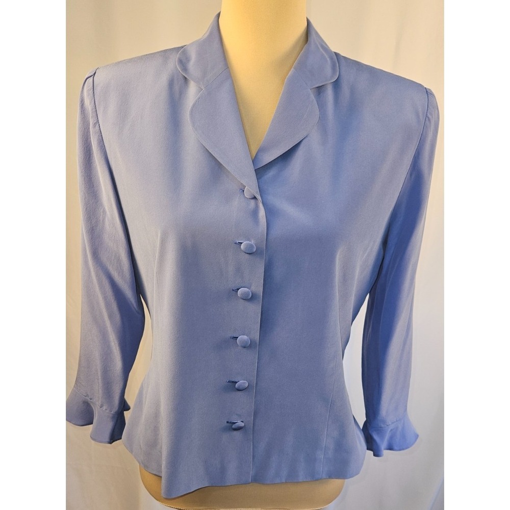 VTG 90s Silk Periwinkle Blouse Covered Buttons Career Top QuietLux Mimimalist